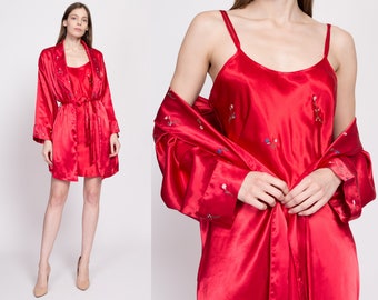 Medium 90s Red Satin Floral Embroidered Peignoir Set | Vintage Mini Nightgown Kimono Loungewear Matching Two Piece Outfit