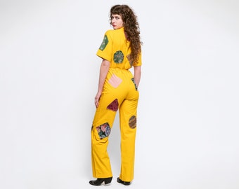 70s Yellow Patchwork Coverall Jumpsuit - Medium | Retro Vintage Collared Straight Leg Zip Up Boiler Suit One Piece Outfit