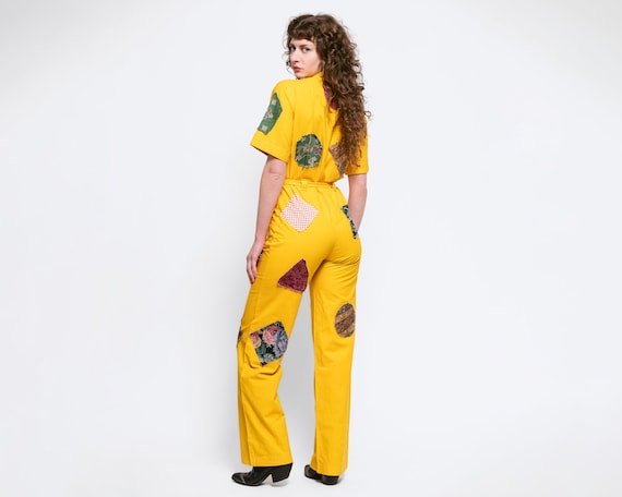 70s Yellow Patchwork Coverall Jumpsuit - Medium |… - image 1