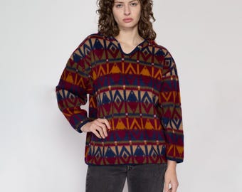 90er Jahre Southwestern Fleece Kapuzen-Sweatshirt - Petite Large | Vintage Southwestern All Over Print Winterjacke