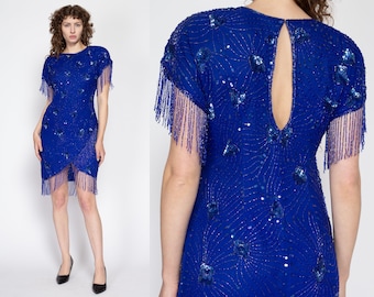 Medium 80s Blue Silk Beaded Fringe Party Dress | Vintage Keyhole Back Sequin Mini Dress