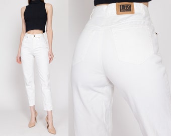 XS 90er Jahre Weiß Hoch taillierte Asymmetrische Reißverschluss Jeans 24" | Vintage Liz Wear Baumwoll Denim Slim Tapered Leg Skinny Mom Jeans