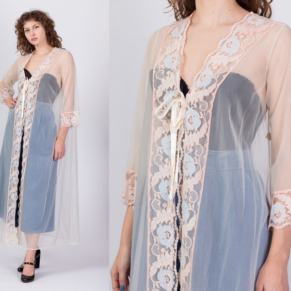 Medium 60s 70s Sheer Bluebell Lace Peignoir | Vintage Floral Negligee Maxi Robe
