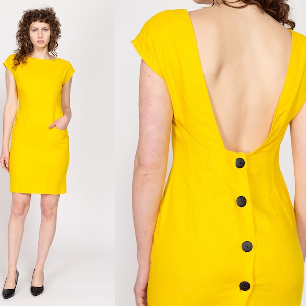 Medium 80s Yellow Linen Low Back Mini Dress | Vintage Button Back Cap Sleeve Shift Cocktail Dress