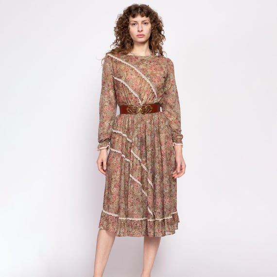 Medium 70s Boho Brown Floral Prairie Midi Dress Vintage Sheer Long Sleeve Scalloped Lace Trim Secretary Dress Etsy UK