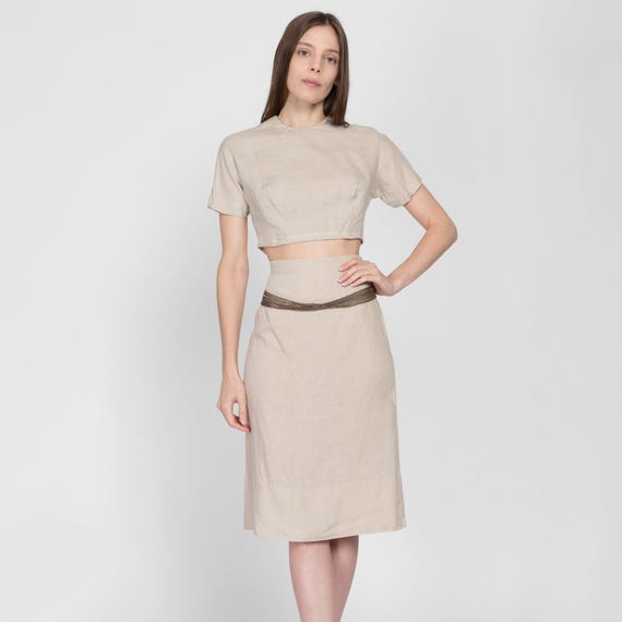 60s Oatmeal Linen Crop Top & Midi Skirt Set - Extra Small | Vintage Short Sleeve Button Back Two Piece Matching Outfit