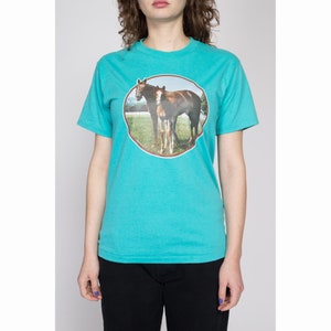 Medium 90s Horse Iron-On Graphic T Shirt Vintage Turquoise Blue Mare & Foal Animal Tee image 3