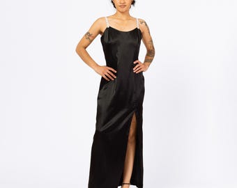 Vintage 90s Jessica Mcclintock Black Satin Flower Strap Maxi Dress - Medium  | Formal Evening Gown, Spaghetti Strap High Slit Party Dress - Etsy
