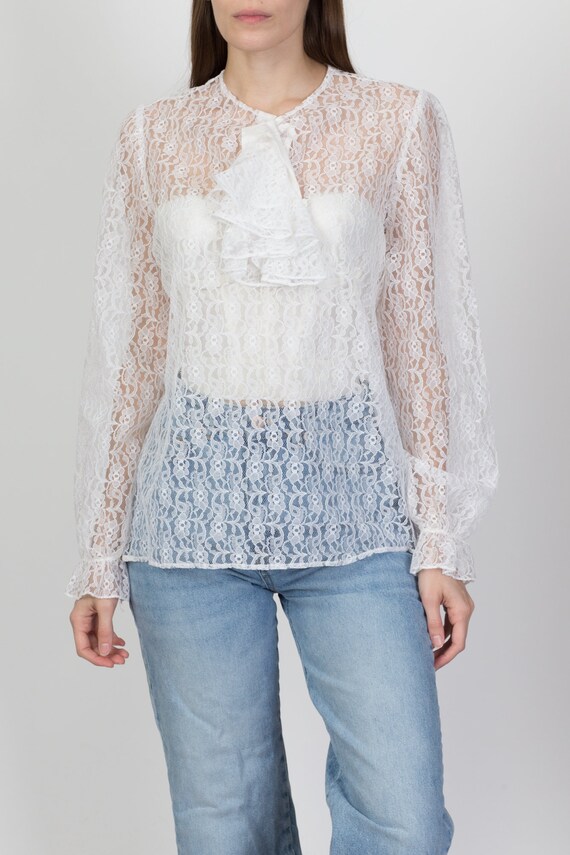 Vintage Sheer White Lace Jabot Blouse Large 80s Bis… Gem
