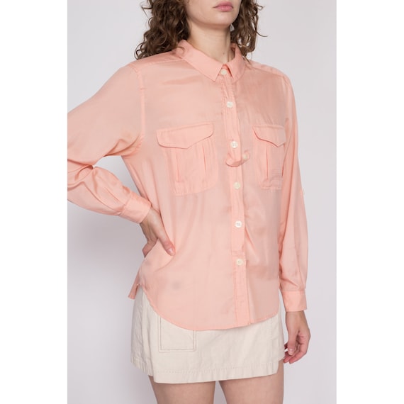 Large 80s Peach Silk Blend Cuffed Sleeve Blouse |… - image 4