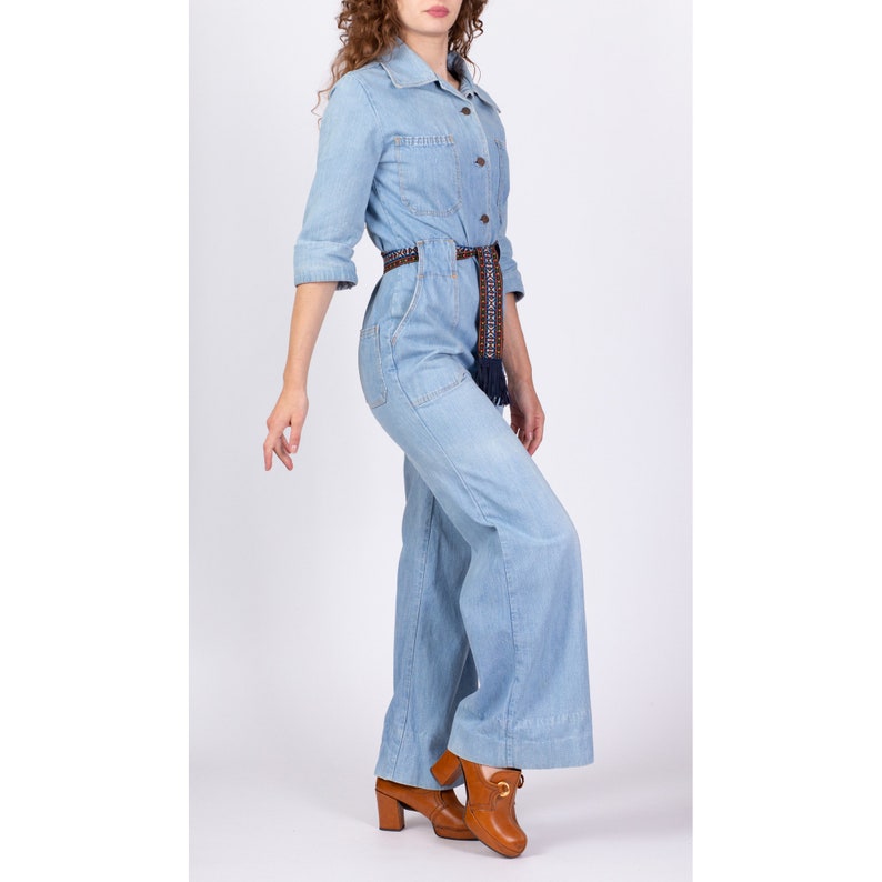 70s Denim Button Up Belted Jumpsuit Medium Vintage Blue Jean Wide Leg Bell Bottom Retro Outfit image 4