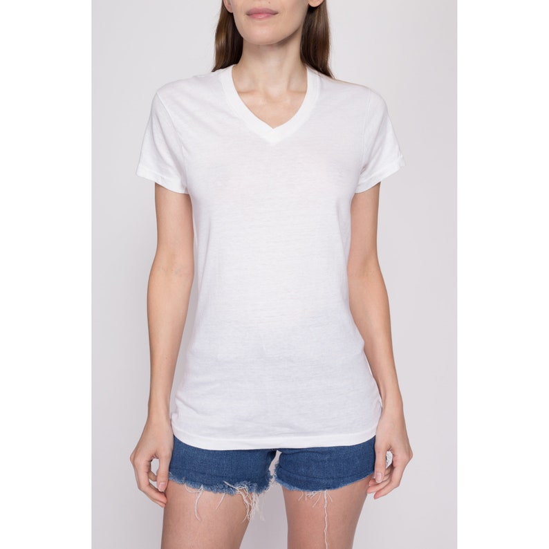 Small 80s Calvin Klein Blank White T Shirt Unisex Vintage Single Stitch Plain V Neck Tee Threadbare Undershirt image 2