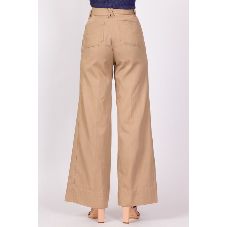 70s High Waisted Khaki Twill Flared Pants Extra Small, 24 Vintage H.I.S. Retro Flares Hippie Trousers image 5