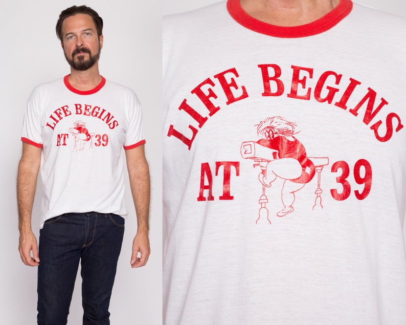 Large 80s Life Begins At 39 Funny Birthday T Shirt Men's Vintage White Red Gymnast Graphic Ringer Tee image 1