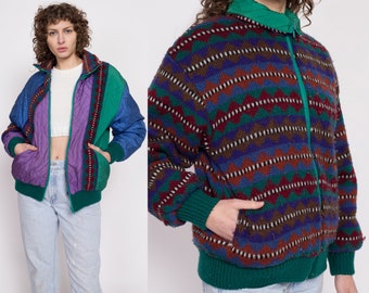 80s Color Block & Geometric Knit Reversible Jacket Large | Vintage Colorful Streetwear Windbreaker Bomber Coat