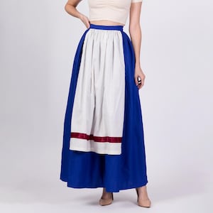 Medium Vintage 70s Folk Costume Skirt 29.5&quot; | Blue White Apron High Waist Full Maxi Skirt