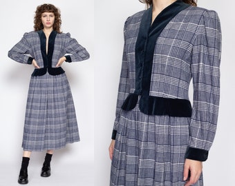 Robe midi Lanz Plaid & Velvet Peplum des années 80 moyennes | Robe de secrétaire vintage à manches longues bouffantes, bleu marine et blanc