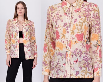 Medium 70s Butterfly Floral Button Up Shirt | Vintage Boho Long Sleeve Collared Top