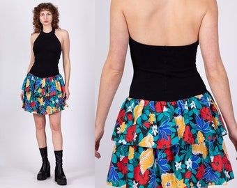 Medium 80s Black Floral Mini Halter Skater Dress | Vintage Sleeveless Racerback Drop Waist Tiered Skirt Dress