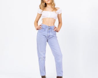 Vintage 90er Western Light Wash Yoke Jeans - Extra Small, 25 "Taille | Stefano Hoch taillierte, hellblaue Denim, konisches Bein, Mom Jeans