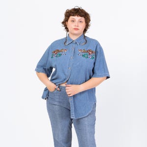 Vintage 90s Teddy Bear Garden Chambray Shirt - 1X | Novelty Embroidered Button Up Short Sleeve Denim Top