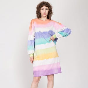 One Size 90s Pastel Tie Dye Striped T Shirt Dress | Vintage Long Sleeve Rainbow Sleep Shirt