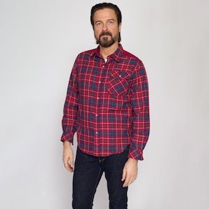 Medium 90s Hang Ten Red Plaid Flannel Shirt l | Vintage Corduroy Yoke Grunge Button Up Long Sleeve Collared Top
