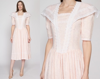 XS-Sm 80s Gunne Sax Pink Floral Sailor Collar Dress | Vintage Puff Sleeve Fit & Flare Basque Waist Midi Dress