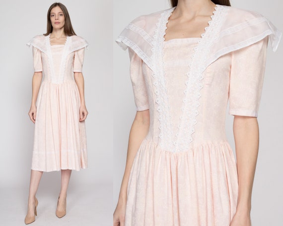 XS Sm 80s Gunne Sax Pink Floral Sailor Collar Dress Vintage Puff Sleeve Fit Flare Basque Waist Midi Dress