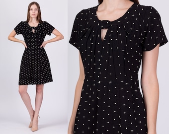 Medium 1940s Black Polka Dot Mini Dress | Vintage 40s Short Sleeve Keyhole Day Dress