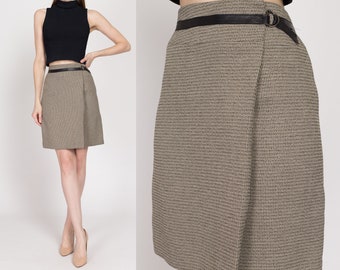 XS 90s Knit Leather Belt Mini Skirt 25" | Vintage Minimalist Two Tone Wrap A Line Miniskirt