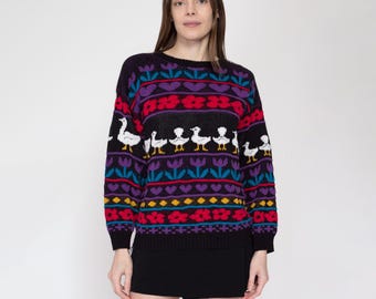 80s Goose Novelty Knit Sweater - Medium | Vintage Striped Flower Heart Motif Animal Pullover