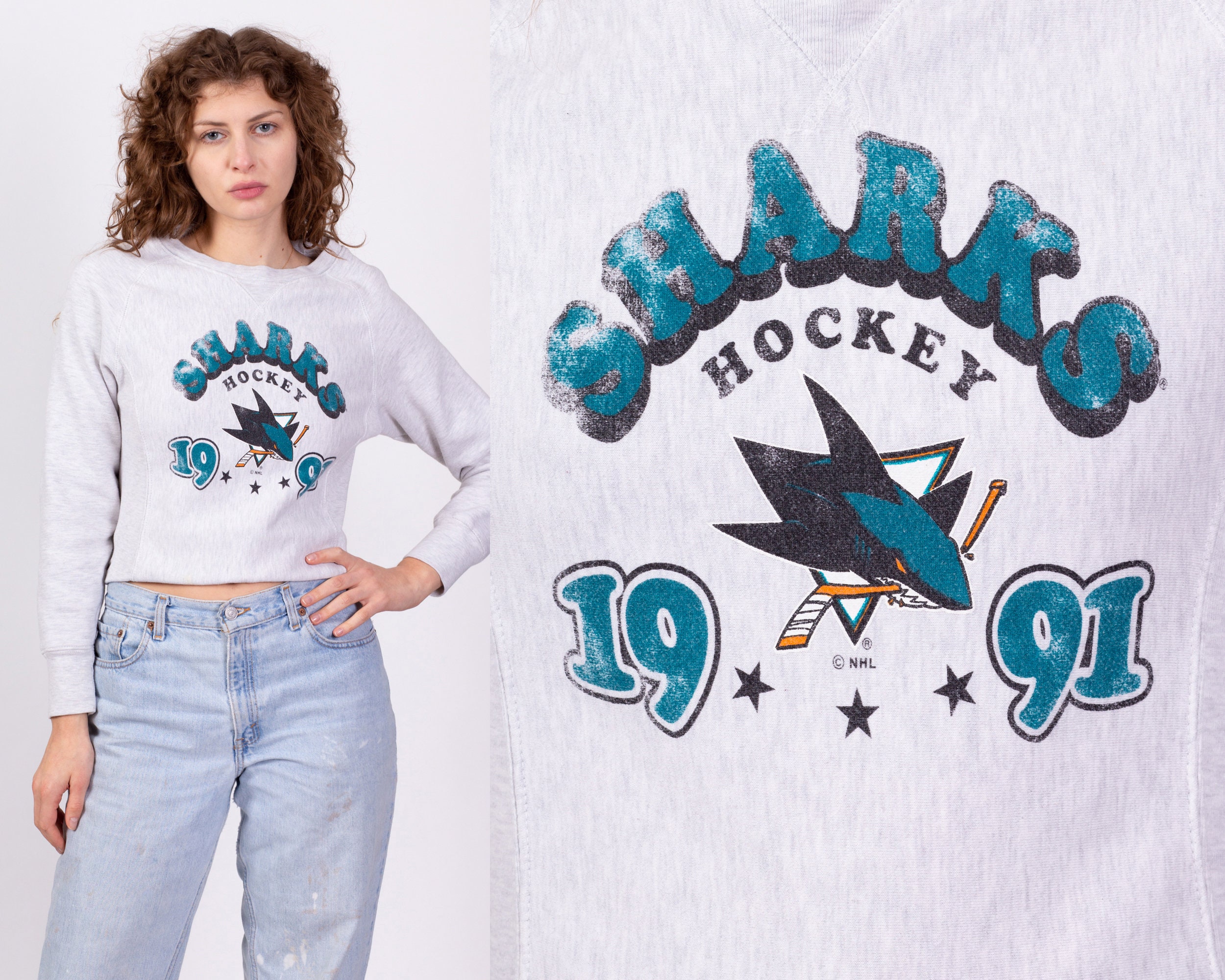 CustomCat San Jose Sharks Vintage NHL Crewneck Sweatshirt White / L