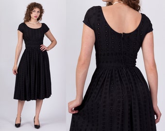 1950s Jerry Gilden Black Eyelet Fit & Flare Cocktail Dress Extra Small | Vintage 50s Short Sleeve Floral Midi Party Dress