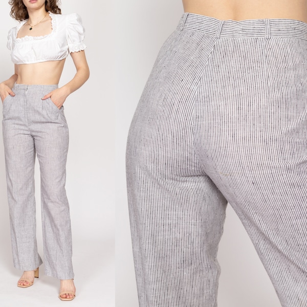 Small 70s Grey & White Pinstriped Pants 27" | Vintage College Town High Waisted Pleated Straight Leg Trousers