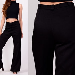 70s Black High Waisted Flared Pants Petite Small, 26 Vintage Minimalist Retro Flares Hippie Trousers image 1