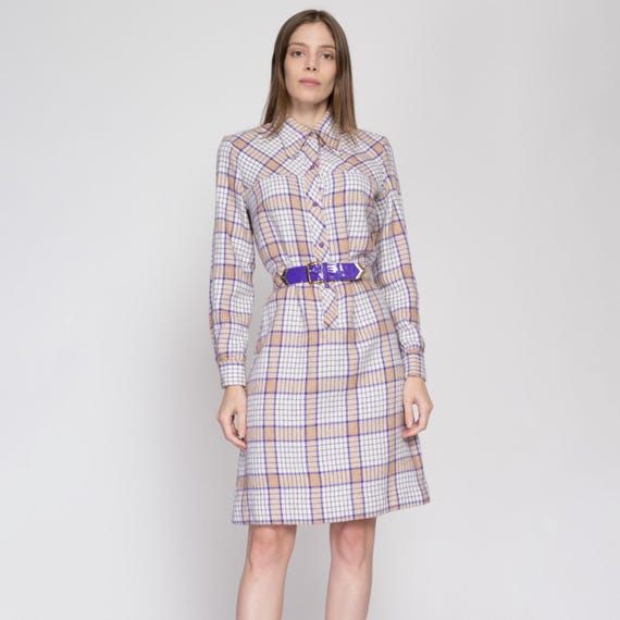 purple and white plaid dress 60s Mod Plaid Belted Shirtdress - Medium | Vintage Purple White Long Sleeve  Knit Mini Dress