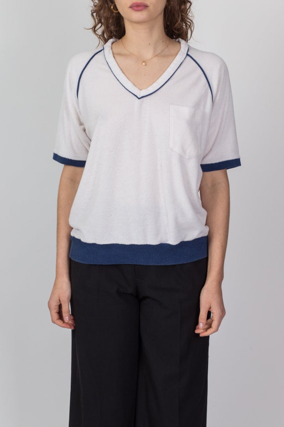 Lrg-XL 80s White Terrycloth Pocket Shirt Unisex |… - image 2