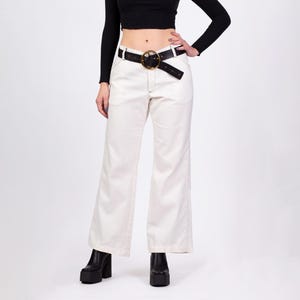34" Waist 70s White Contrast Stitch Trousers Unisex | Vintage Mid Rise Retro Straight Leg Pants