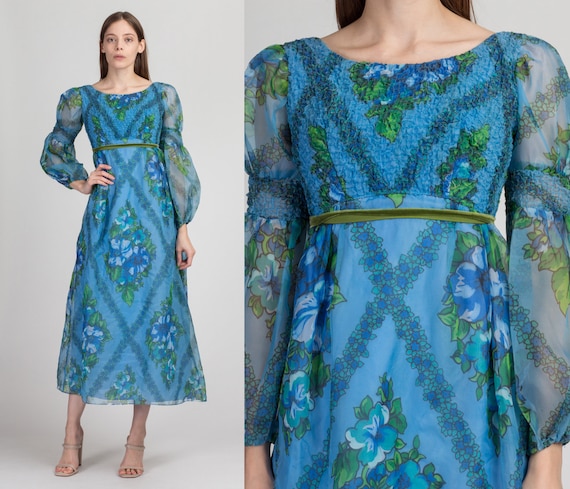 XS 60s Blue Floral Juliet Sleeve Maxi Dress Petit… - image 1