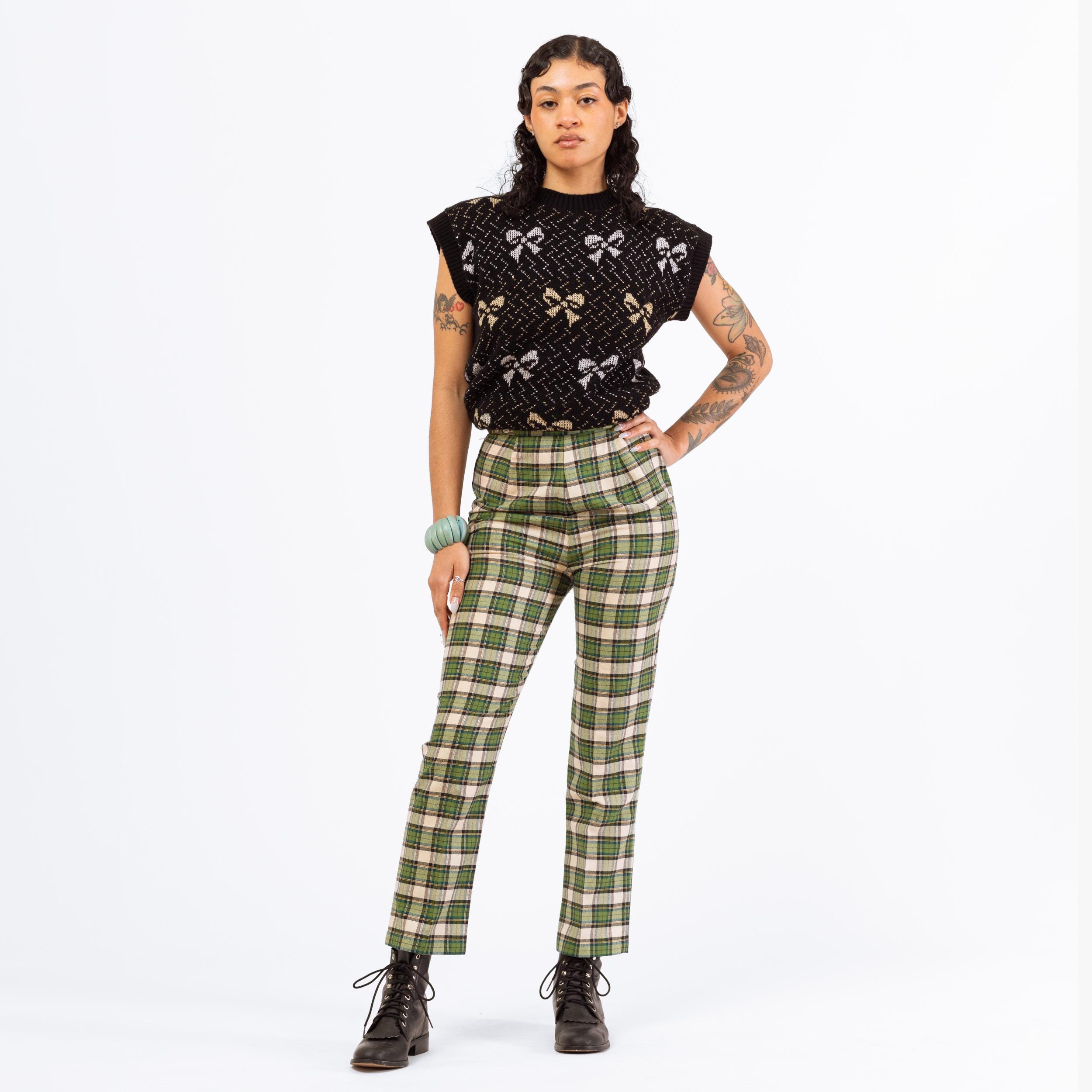 Vintage 60s Green Plaid Side Zip Cigarette Pants - Extra Small, 22