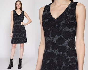 Medium 90s Black Rose Floral Mini Dress | Vintage A Line Sleeveless V Neck Sundress