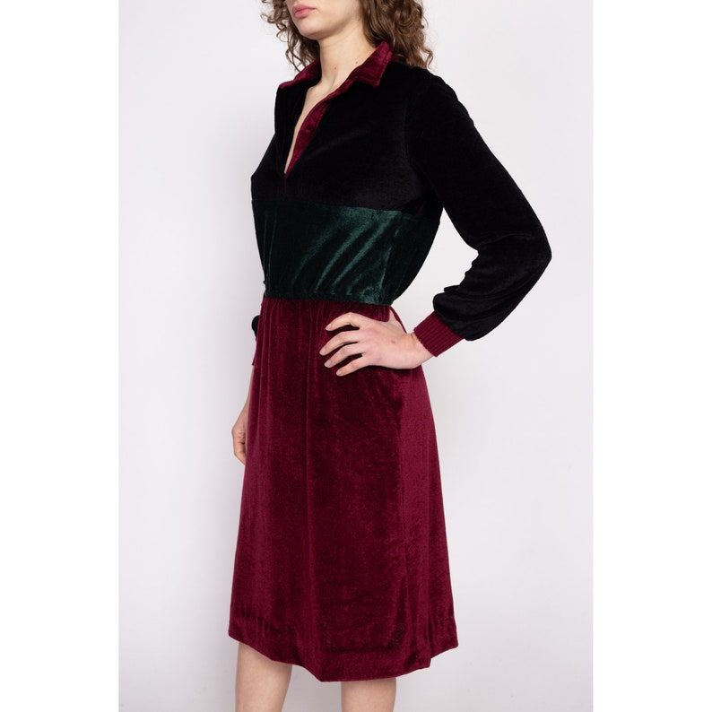70s Jewel Tone Velour Midi Shirtdress Medium to Large Vintage Color Block Long Sleeve Collared Dress image 3