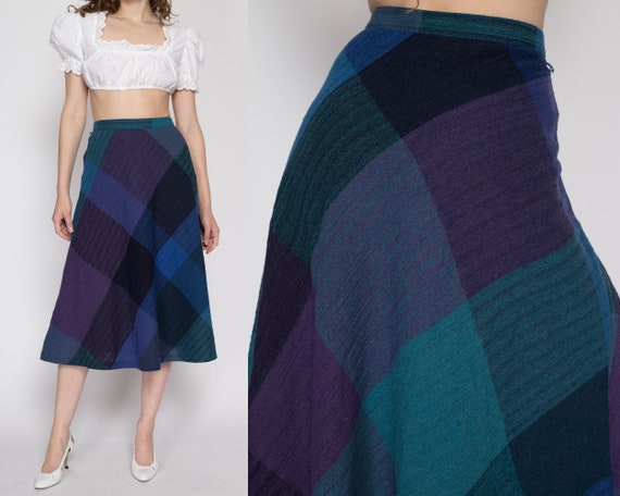 Medium 70s Dark Plaid A Line Midi Skirt 28 Vintage Blue Purple Green Preppy High Waisted Flowy Pocket Skirt