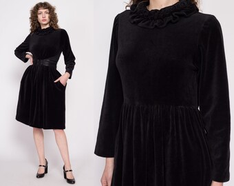 Vintage Black Velvet Ruffle Collar Midi Dress One Size | 70s 80s Saybury Long Sleeve Oversized House Dress