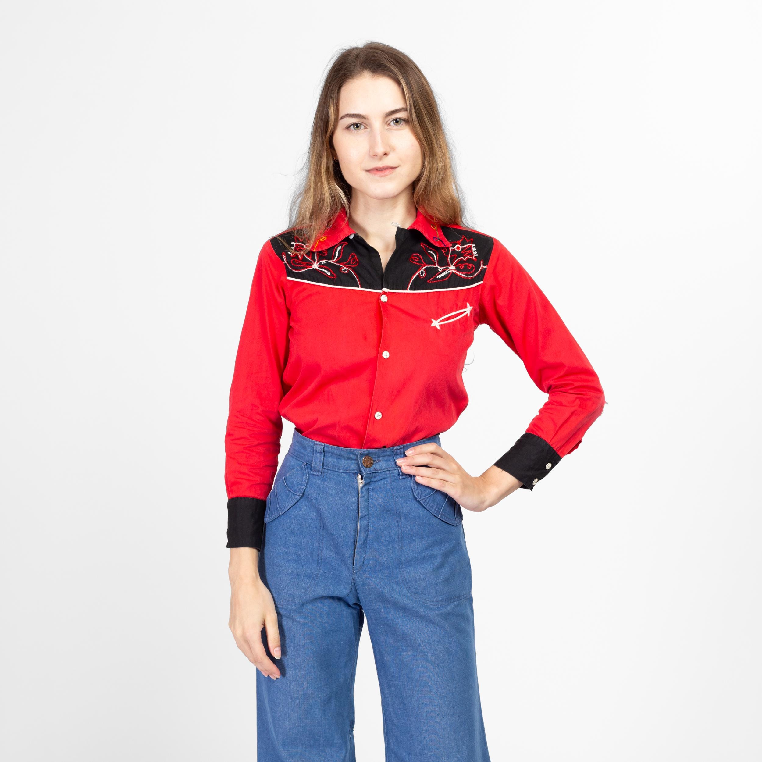 XXS 1950s J Bar T Red Embroidered Western Shirt | Vintage 50s Kids 