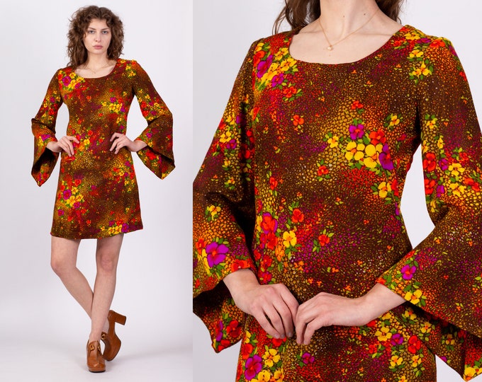 Medium 70s Floral Angel Sleeve Kaftan Mini Dress | Vintage Brown ...