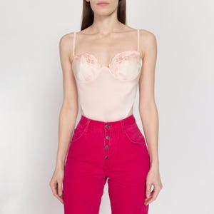 XS-Sm 90s La Perla Blush Pink Teddy Bodysuit 34B | Vintage Designer High Hip Floral Trim One Piece Sexy Lingerie