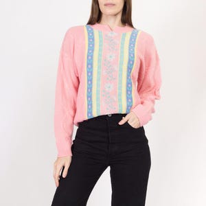 Small 80s Pink Striped Cable Knit Sweater | Vintage Cute Floral Pullover Jumper