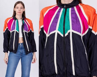 80s Black Colorful Striped Windbreaker Small | Vintage Zip Up Color Block Streetwear Geometric Jacket